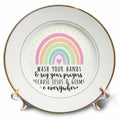 White porcelain serving plate with gold rim, rainbow graphic and hand-prayer lettering