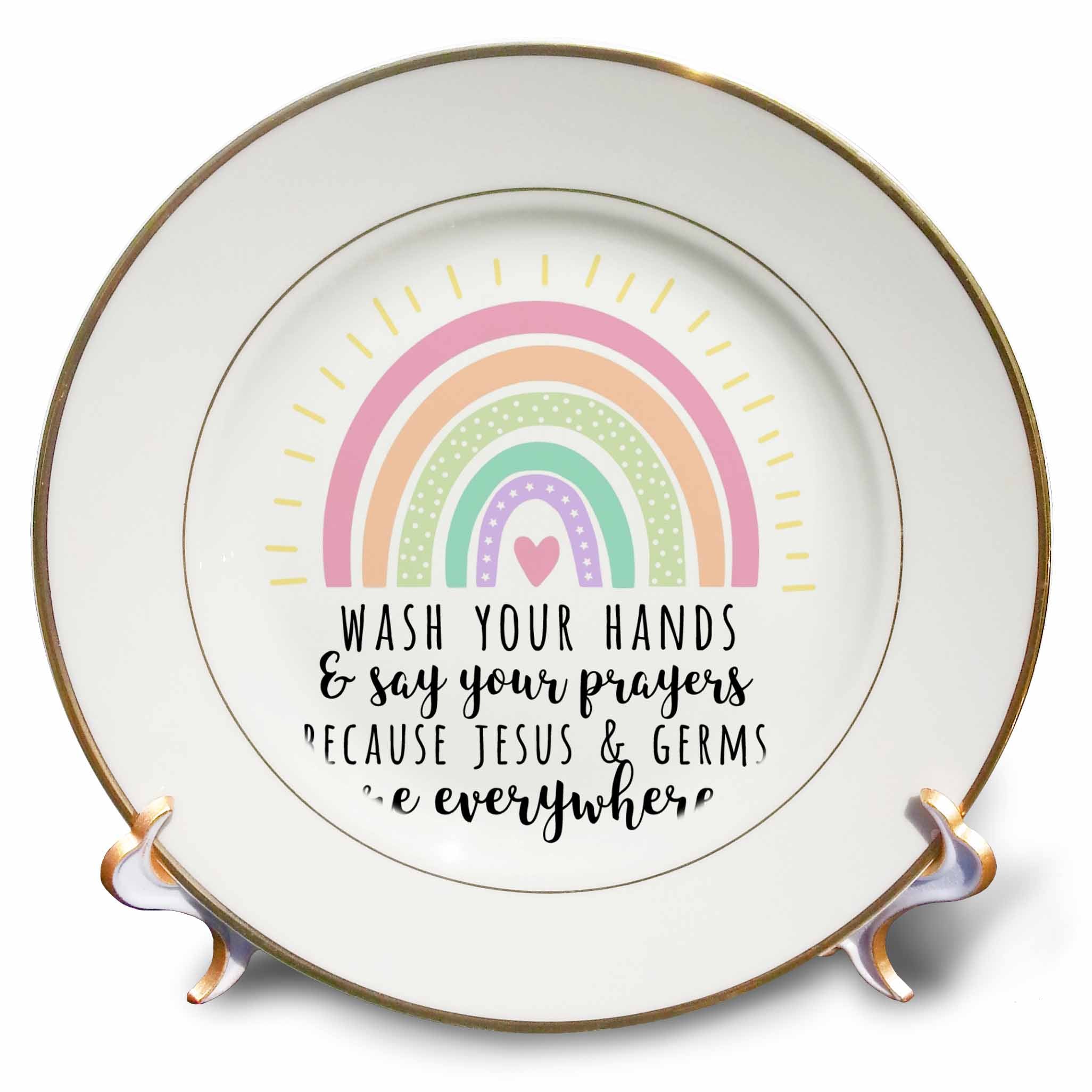 White porcelain serving plate with gold rim, rainbow graphic and hand-prayer lettering