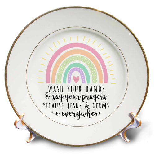 White porcelain serving plate with gold rim, rainbow graphic and hand-prayer lettering