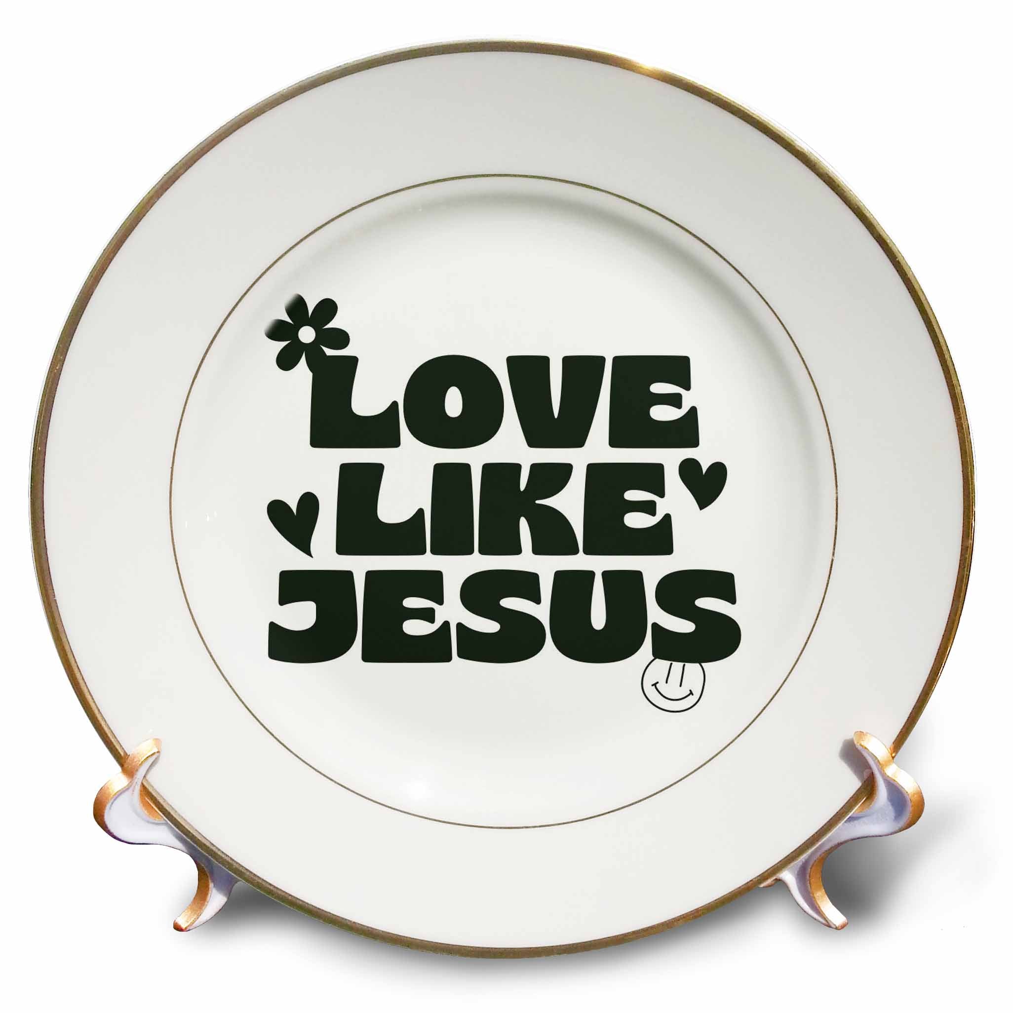White porcelain plate with gold rim, Love Like Jesus text and flower icon