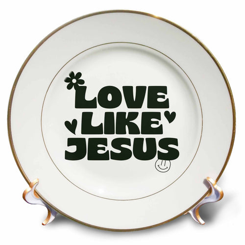 White porcelain plate with gold rim, Love Like Jesus text and flower icon