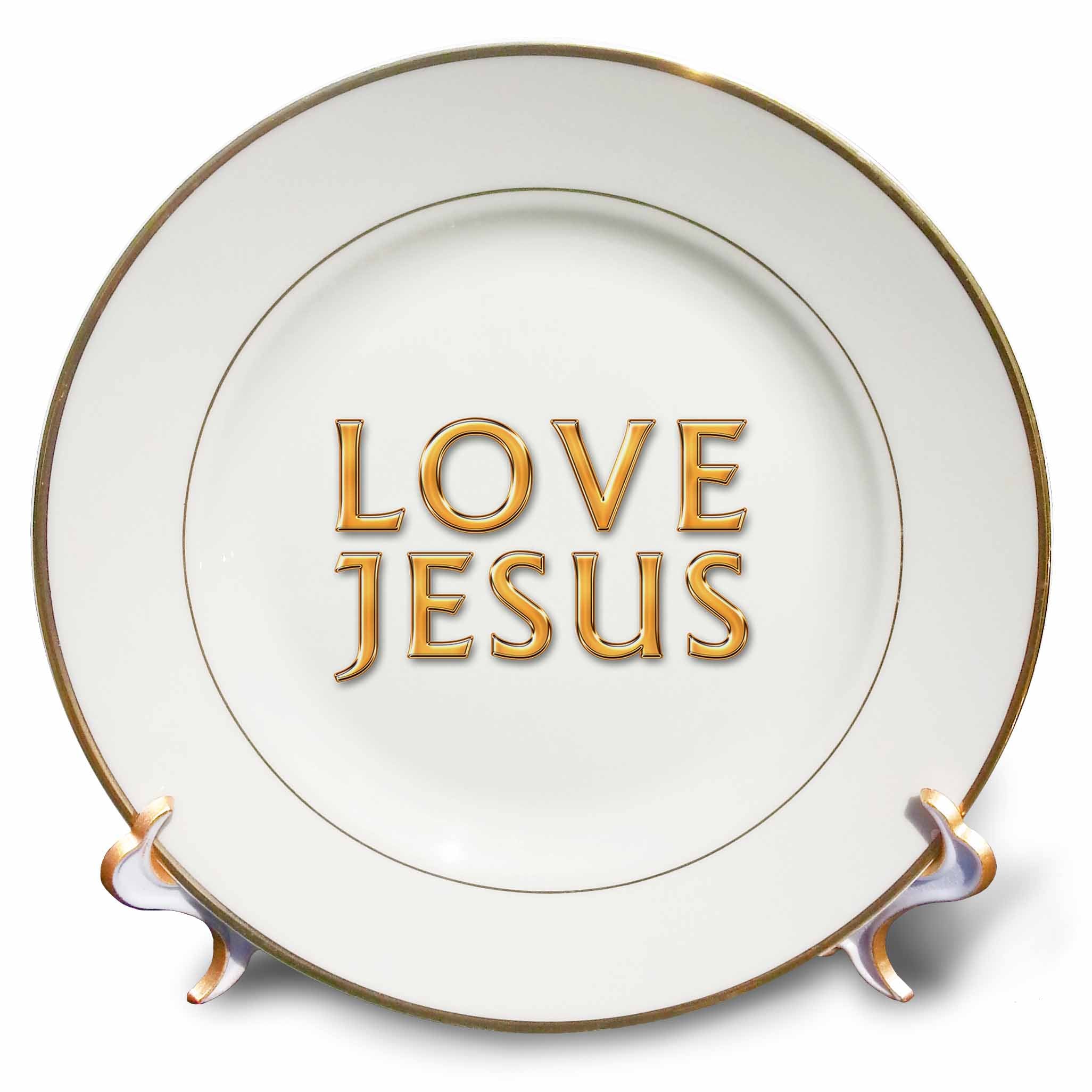 Porcelain plate, white background with yellow 'LOVE JESUS' text, gold rim