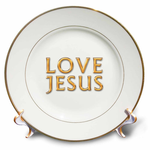 Porcelain plate, white background with yellow 'LOVE JESUS' text, gold rim