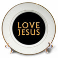 White porcelain plate with gold rim; black center shows gold LOVE JESUS.