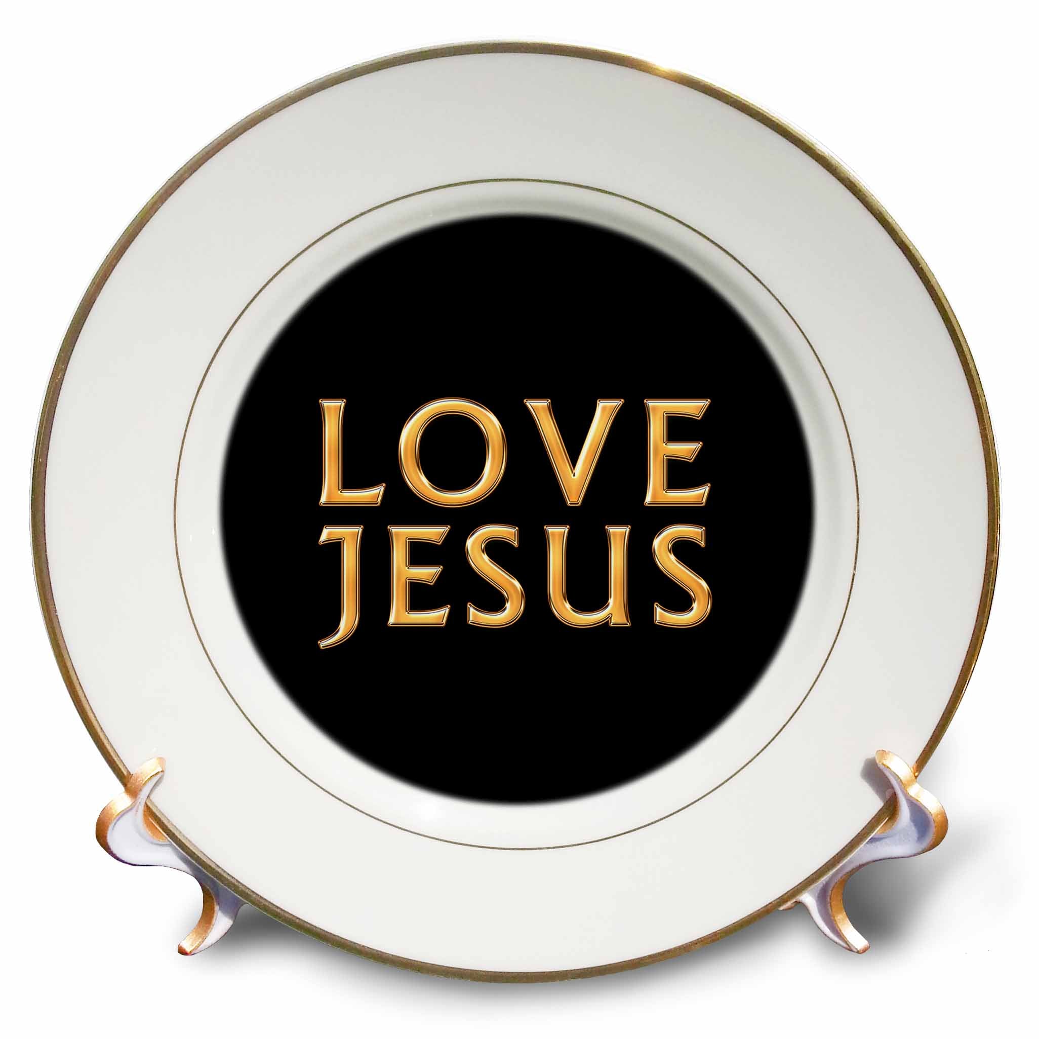 White porcelain plate with gold rim; black center shows gold LOVE JESUS.
