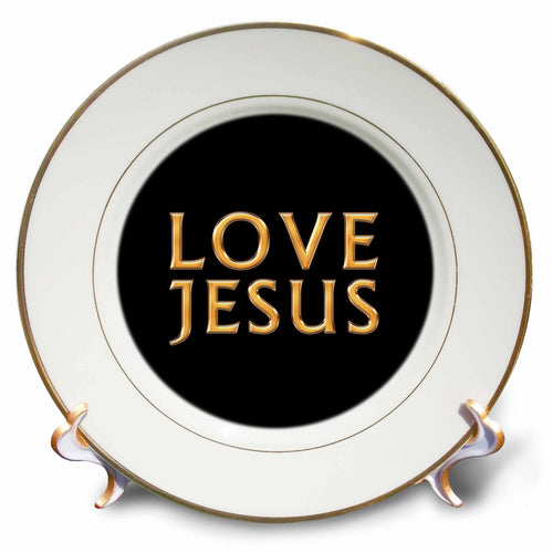 White porcelain plate with gold rim; black center shows gold LOVE JESUS.
