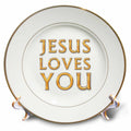 Porcelain plate with gold 'Jesus Loves You' text and brown rim