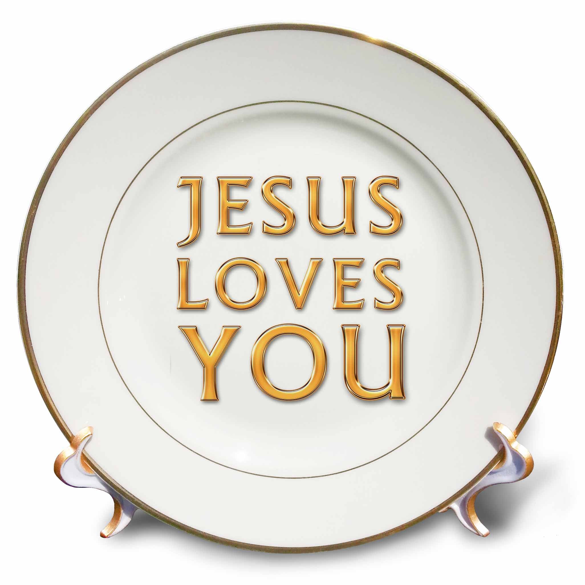 Porcelain plate with gold 'Jesus Loves You' text and brown rim