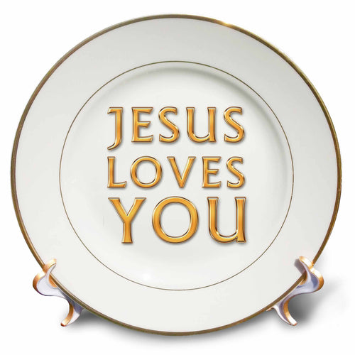 Porcelain plate with gold 'Jesus Loves You' text and brown rim