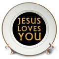 Porcelain plate with gold rim and black center featuring yellow "Jesus Loves You" text