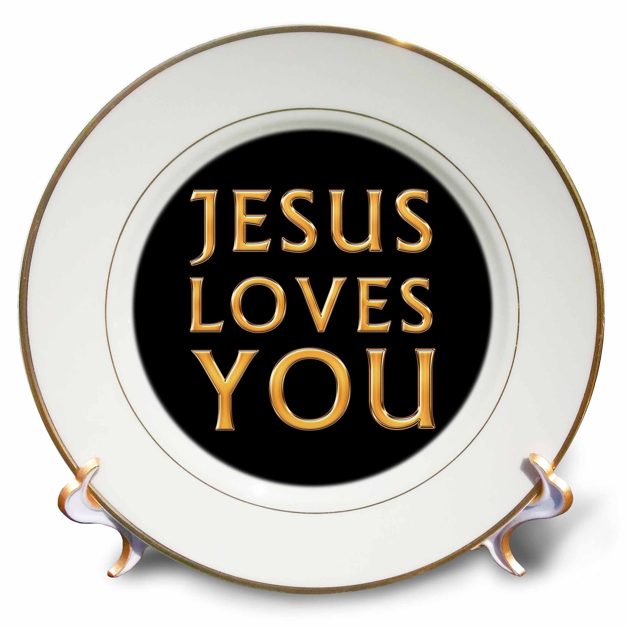 Porcelain plate with gold rim and black center featuring yellow "Jesus Loves You" text