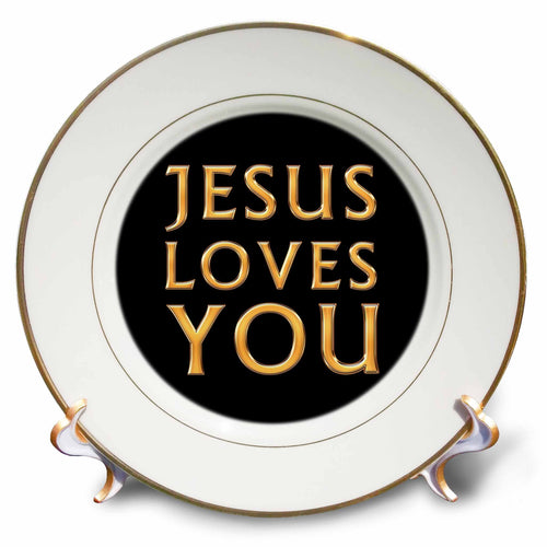 Porcelain plate with gold rim and black center featuring yellow "Jesus Loves You" text