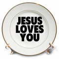 Porcelain decorative plate with gold rim and 'JESUS LOVES YOU' text on white