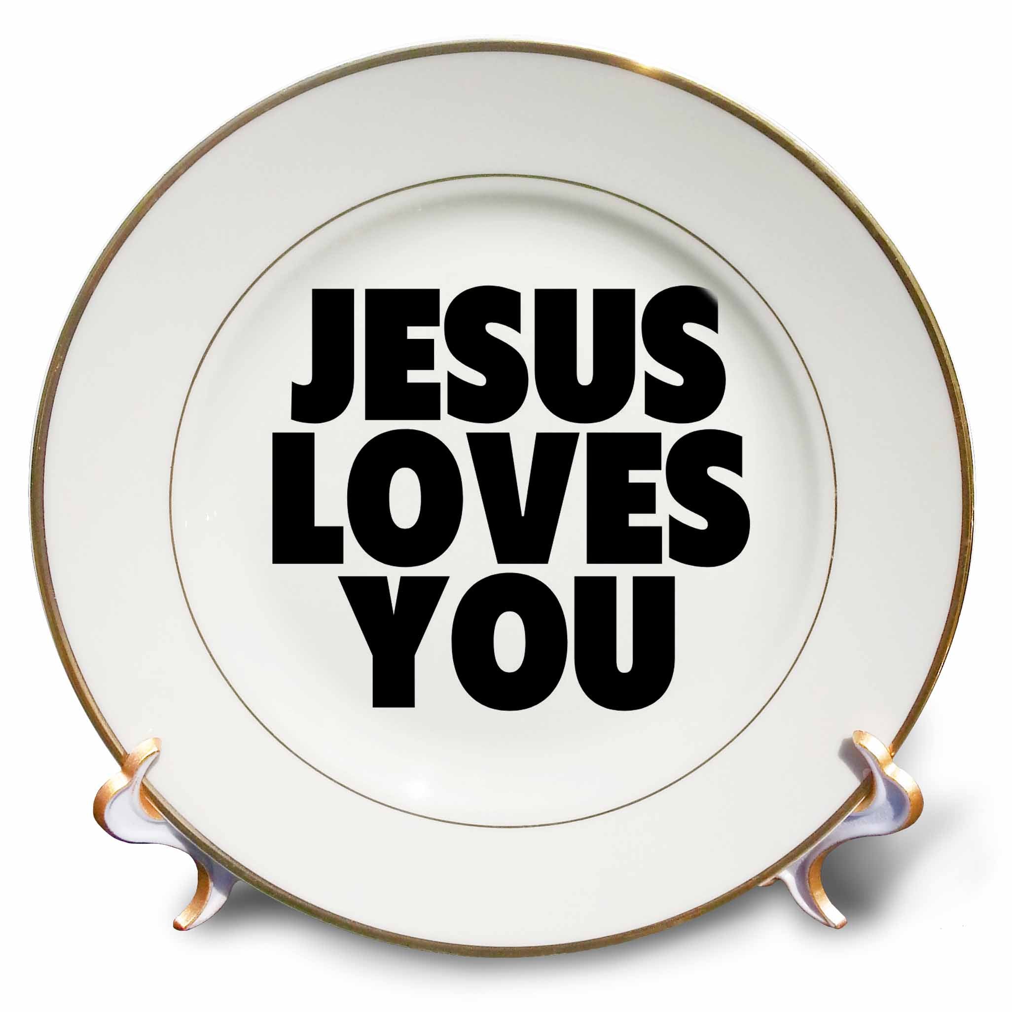 Porcelain decorative plate with gold rim and 'JESUS LOVES YOU' text on white