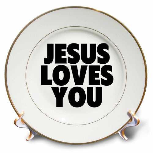 Porcelain decorative plate with gold rim and 'JESUS LOVES YOU' text on white