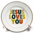 Porcelain decorative plate with multicolor 'JESUS LOVES YOU' text and gold rim