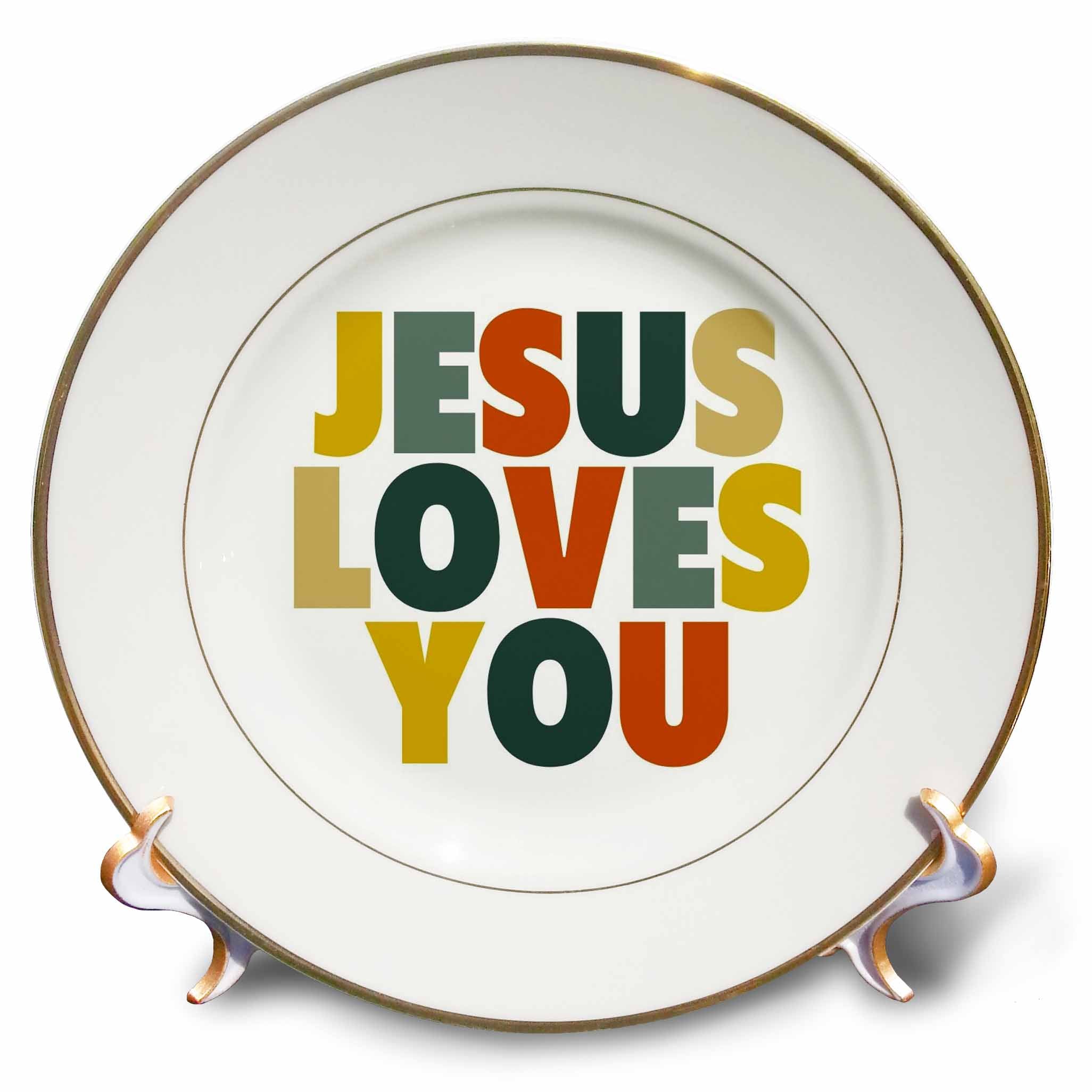 Porcelain decorative plate with multicolor 'JESUS LOVES YOU' text and gold rim