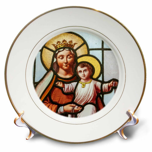Porcelain plate with stained-glass style Virgin Mary and Jesus illustration