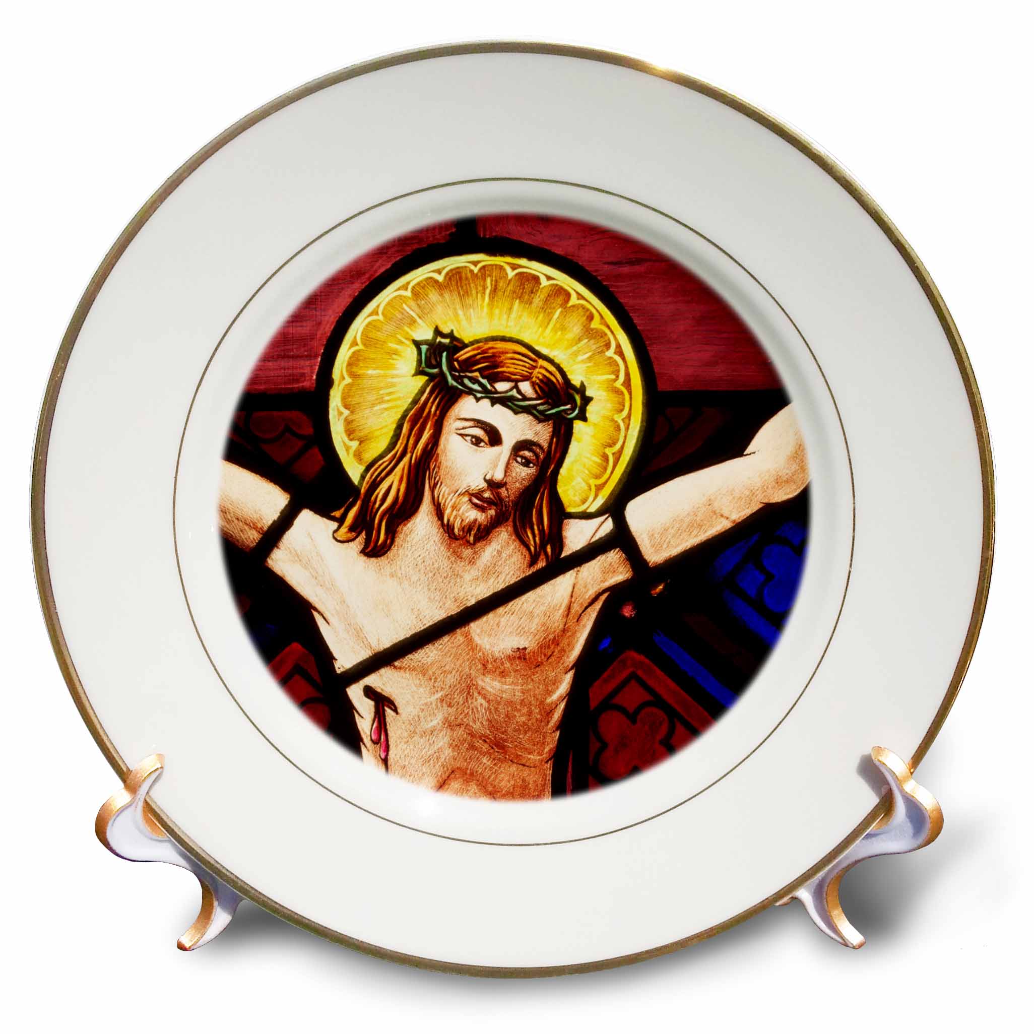 Porcelain plate with stained glass-style Jesus crucifixion artwork, gold-trimmed rim.
