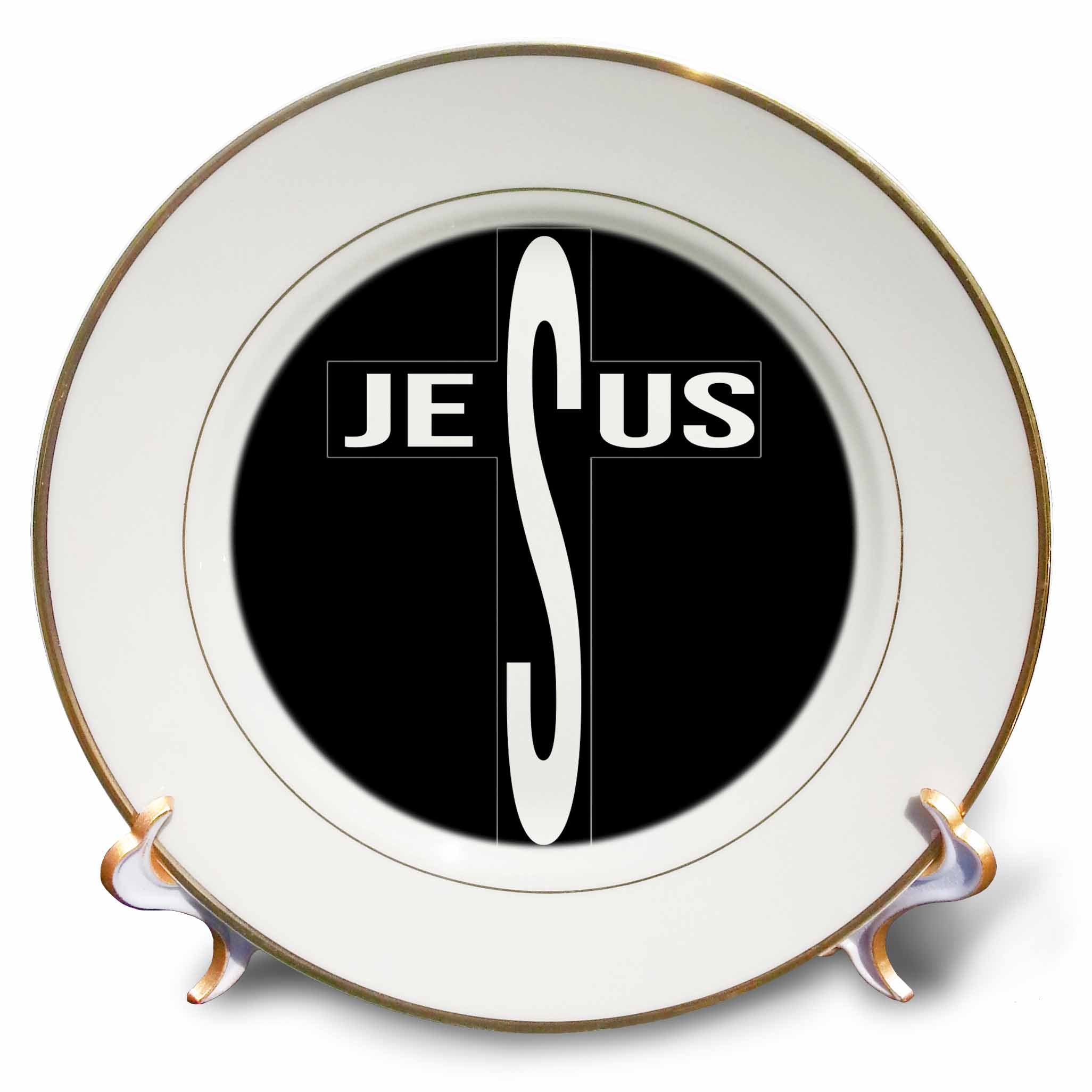 Porcelain plate with black center and white Jesus cross lettering