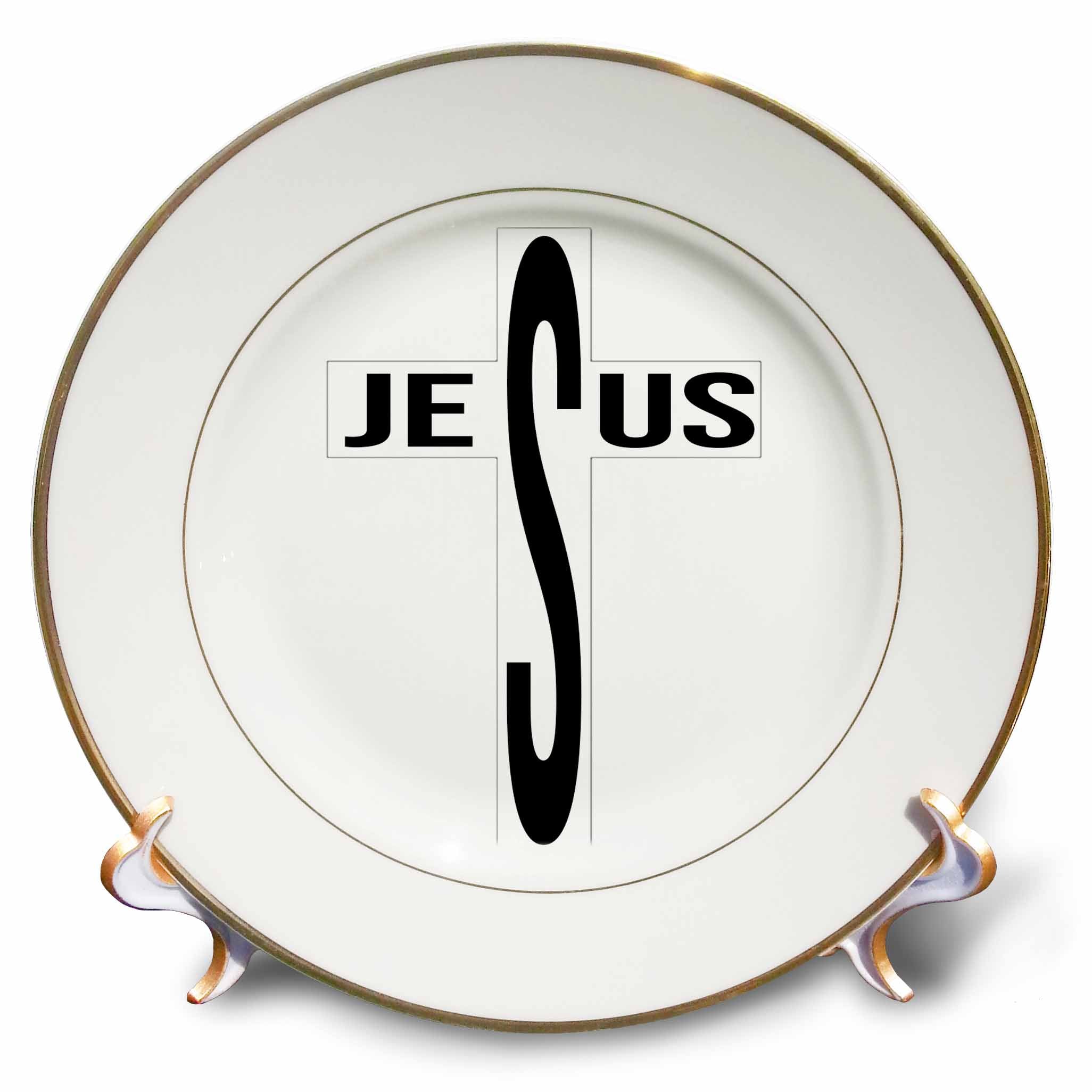 Porcelain plate with black Jesus lettering and cross, gold rim