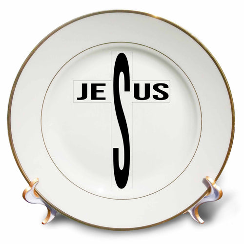 Porcelain plate with black Jesus lettering and cross, gold rim