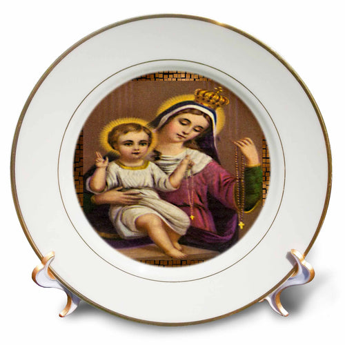 Porcelain Christmas plate with Mother Mary holding baby Jesus, gold rim and round medallion