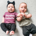 Maroon baby and toddler t-shirt with “playdate material” print