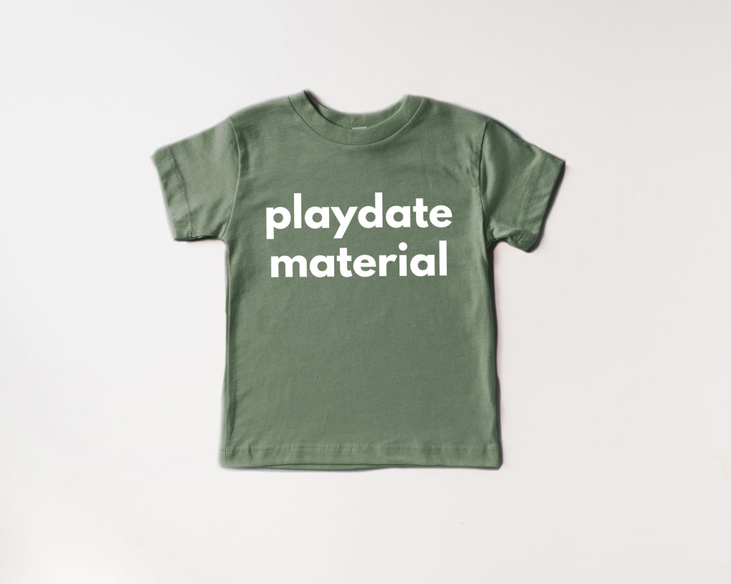 Organic cotton baby tee in thyme green with front text graphic