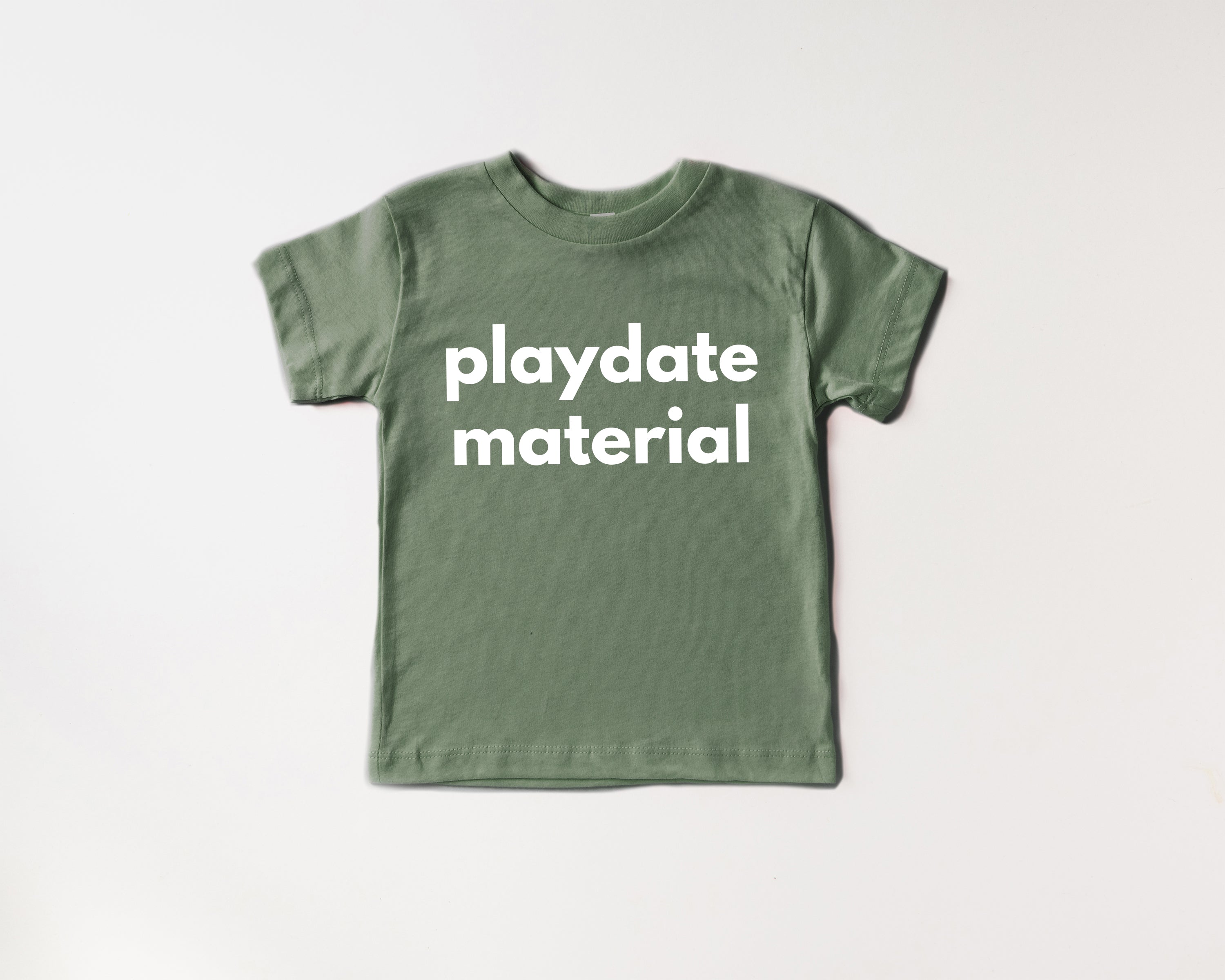 Organic cotton baby tee in thyme green with front text graphic