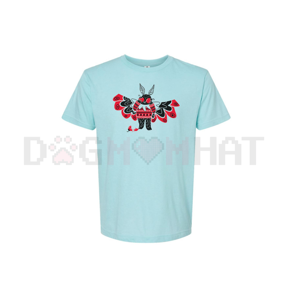 Light blue crewneck T-shirt with red-and-black animal graphic on front