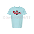 Light blue crewneck T-shirt with red-and-black animal graphic on front