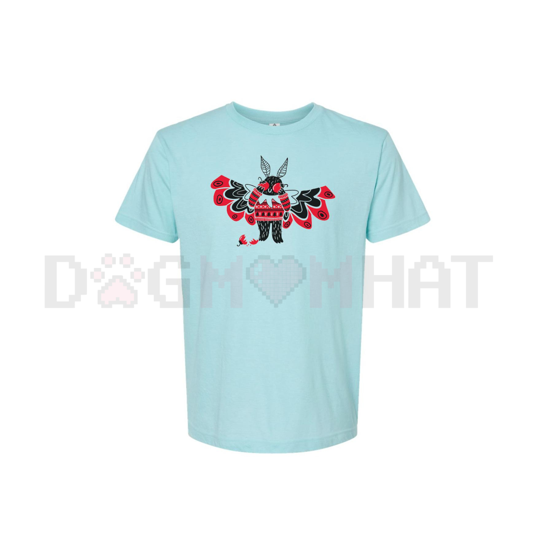 Light blue crewneck T-shirt with red-and-black animal graphic on front