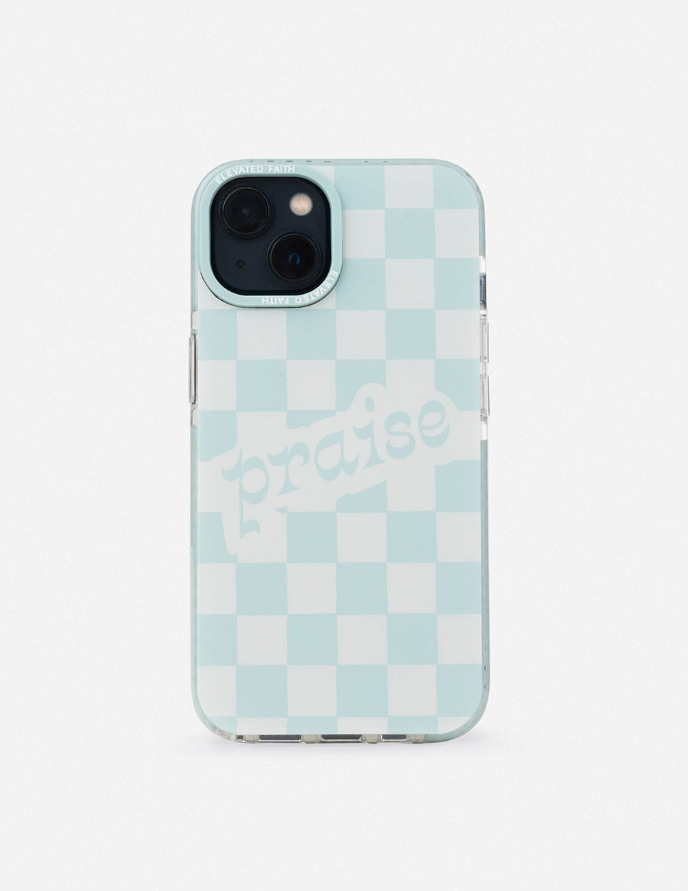 Light blue checkered phone case with raised camera cutouts and 'praise' text