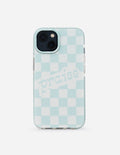 Light blue checkered phone case with raised camera cutouts and 'praise' text