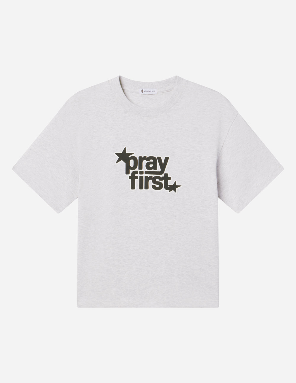 White heavyweight crewneck T-shirt with black “pray first” star graphic on center chest