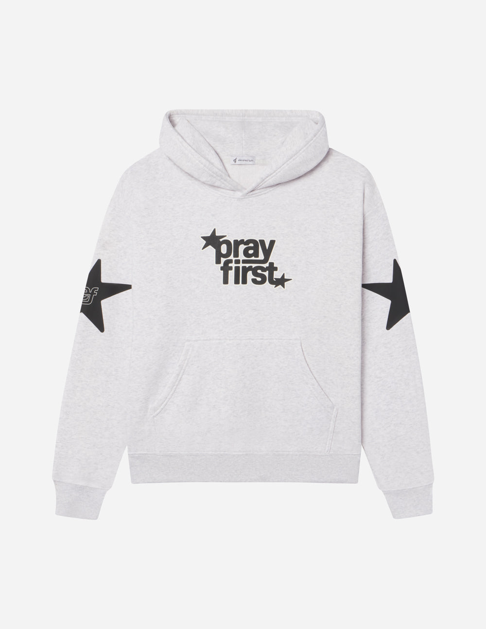 Light gray unisex pullover hoodie with hood, kangaroo pocket, and "pray first" print