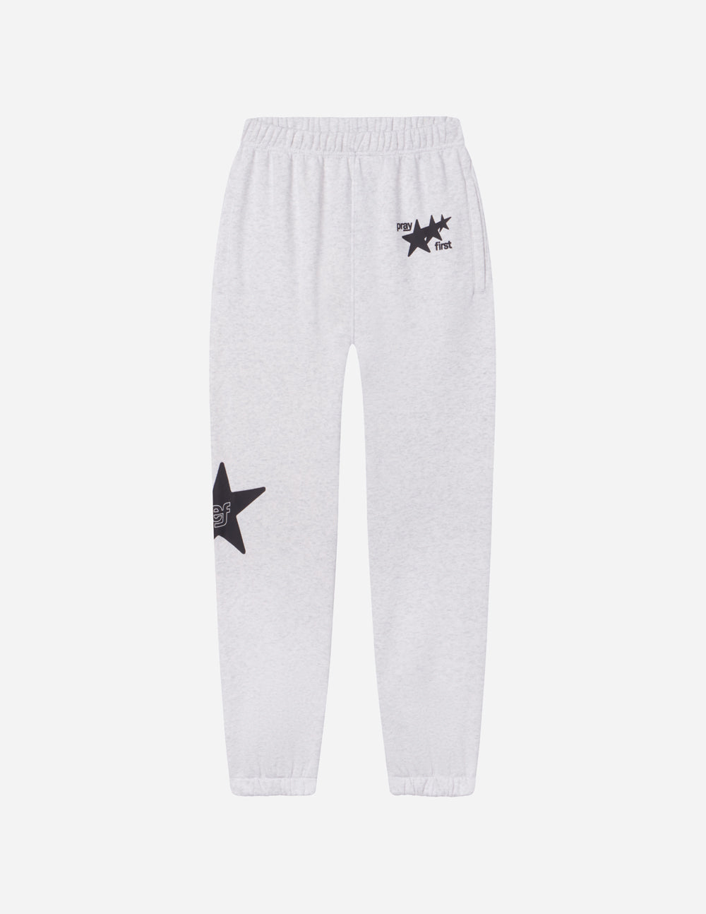 Light gray unisex sweatpants with black star logos on leg and pocket area