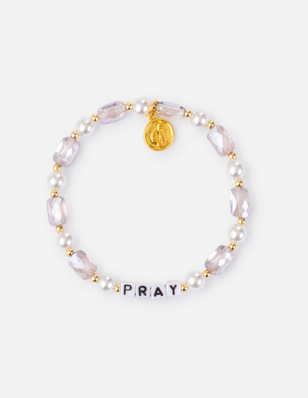 Beaded letter bracelet with white pearls, gold charm, and PRAY lettering
