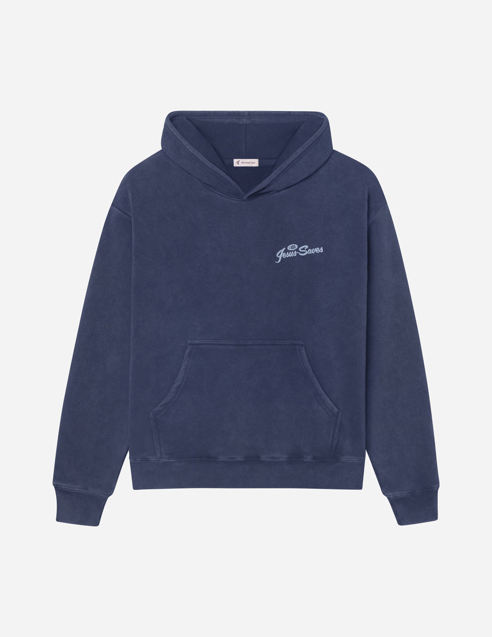 Dark navy unisex hoodie with kangaroo pocket and small chest logo