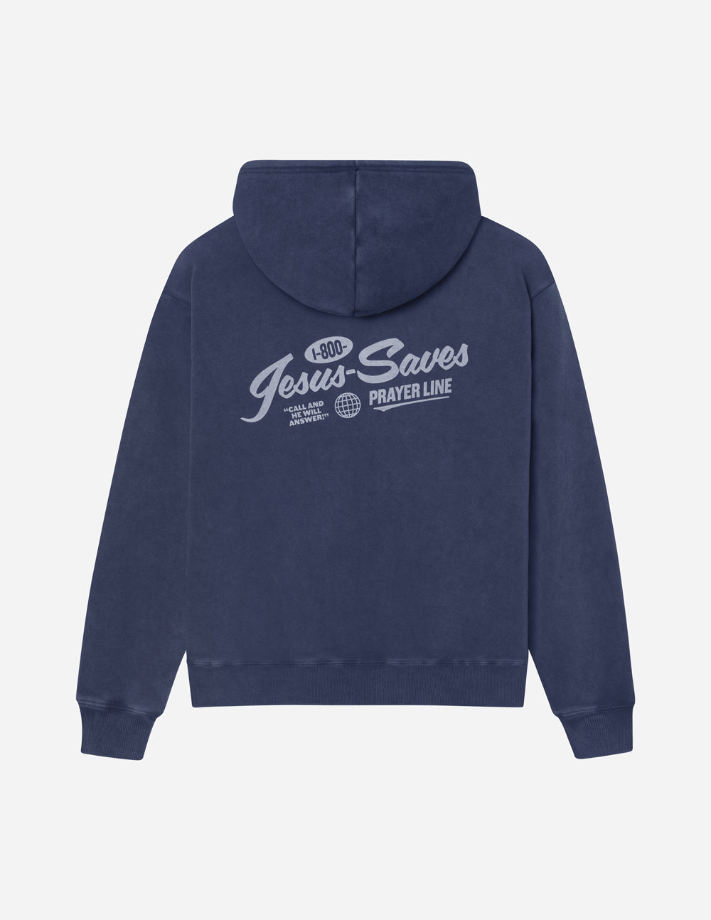 Dark navy unisex hoodie with hood and large back “Jesus Saves Prayer Line” print