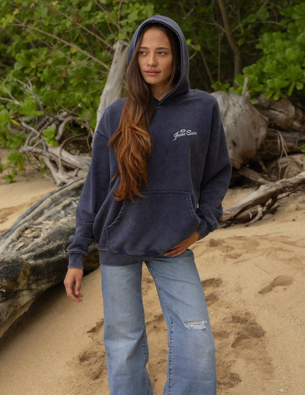 Unisex dark navy hoodie with front pocket and drawstring hood