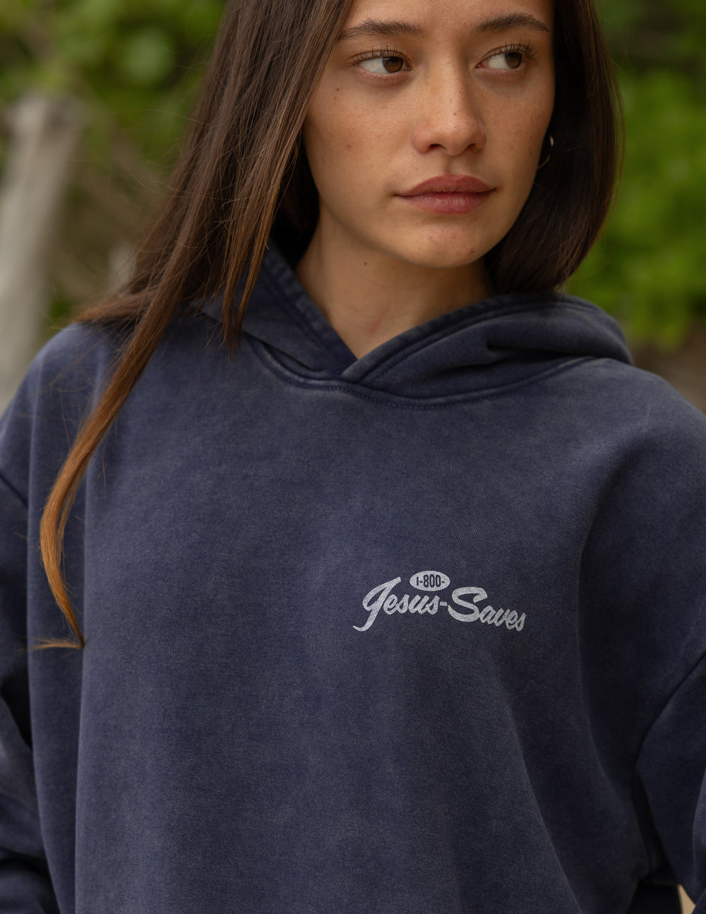Unisex dark navy hoodie with Jesus-Saves front logo patch