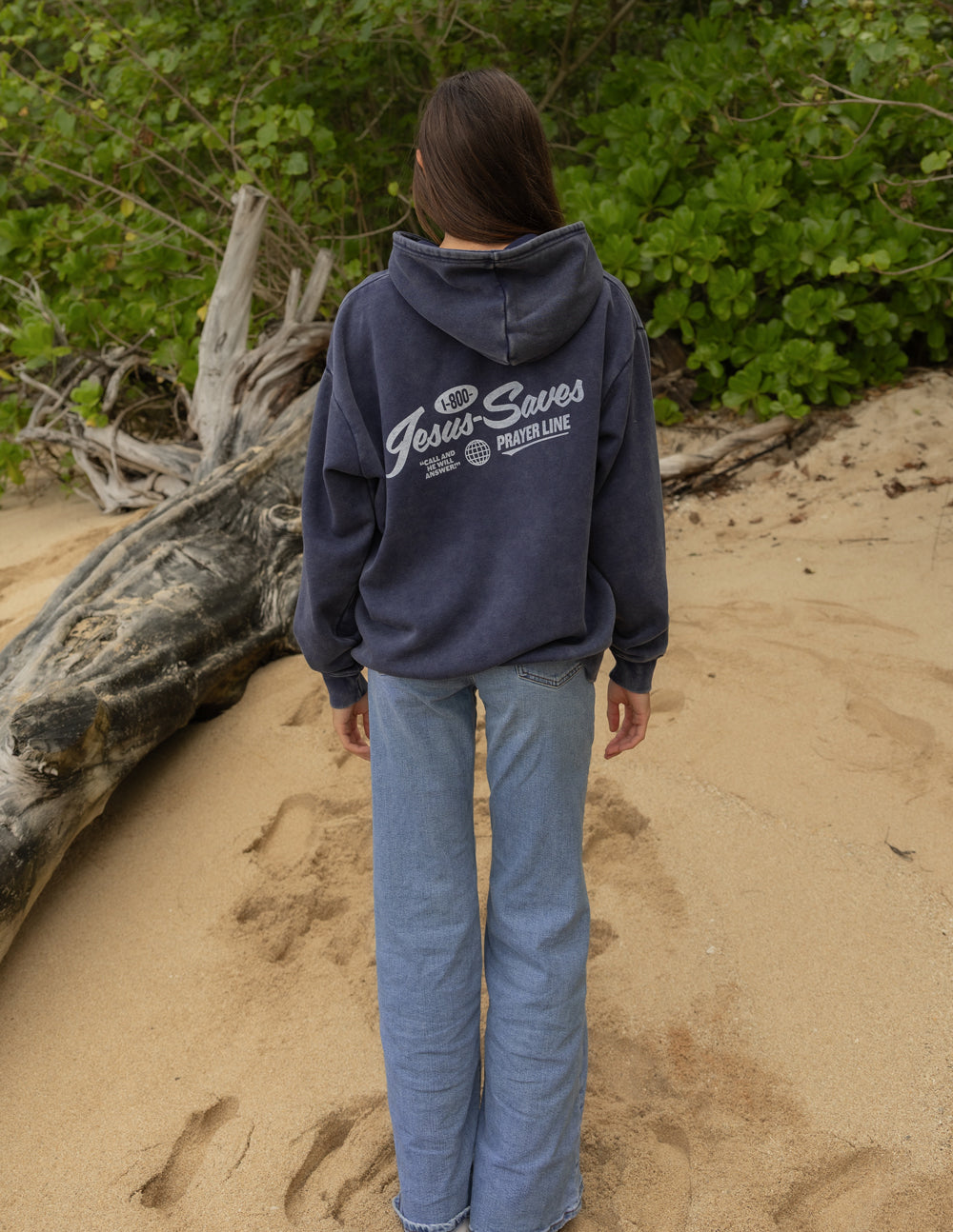 Unisex dark navy hoodie with back graphic and drawstring hood
