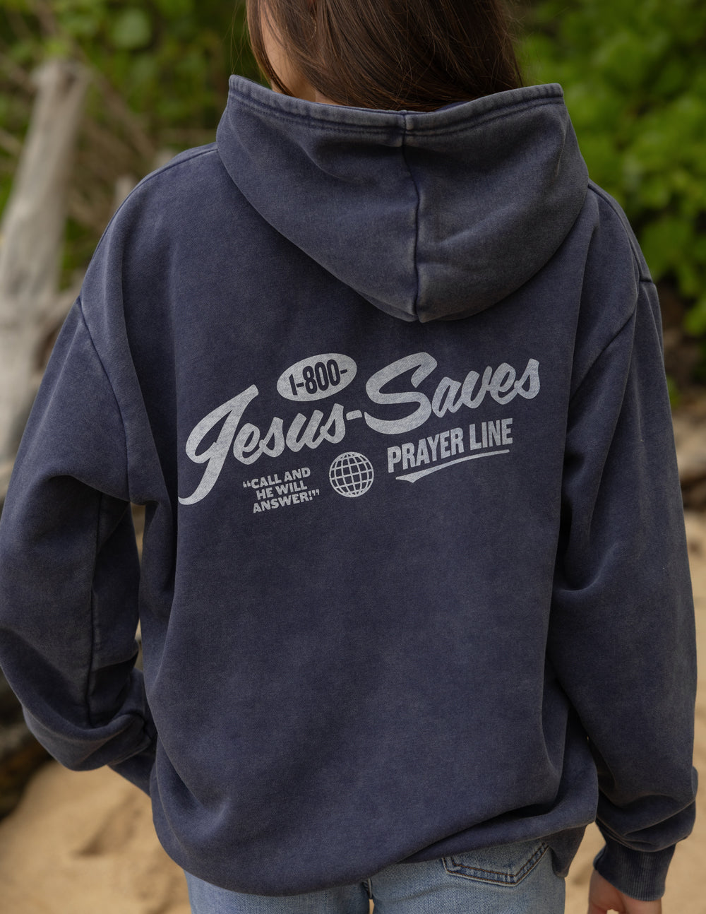 Unisex dark navy hoodie with large back Jesus-Saves Prayer Line print