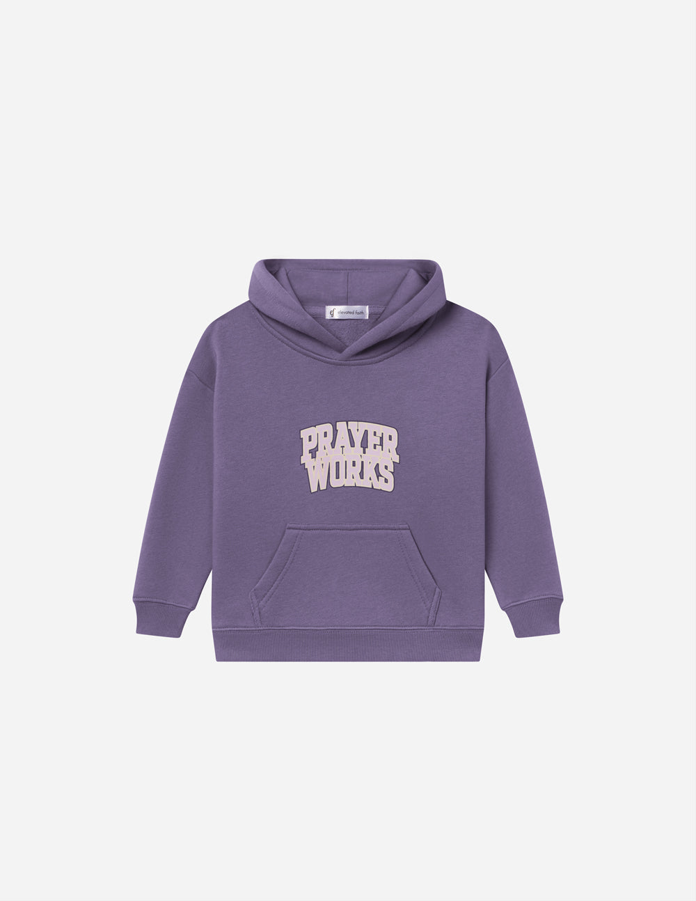 Purple kids hoodie with hood, Prayer Works logo, and front kangaroo pocket