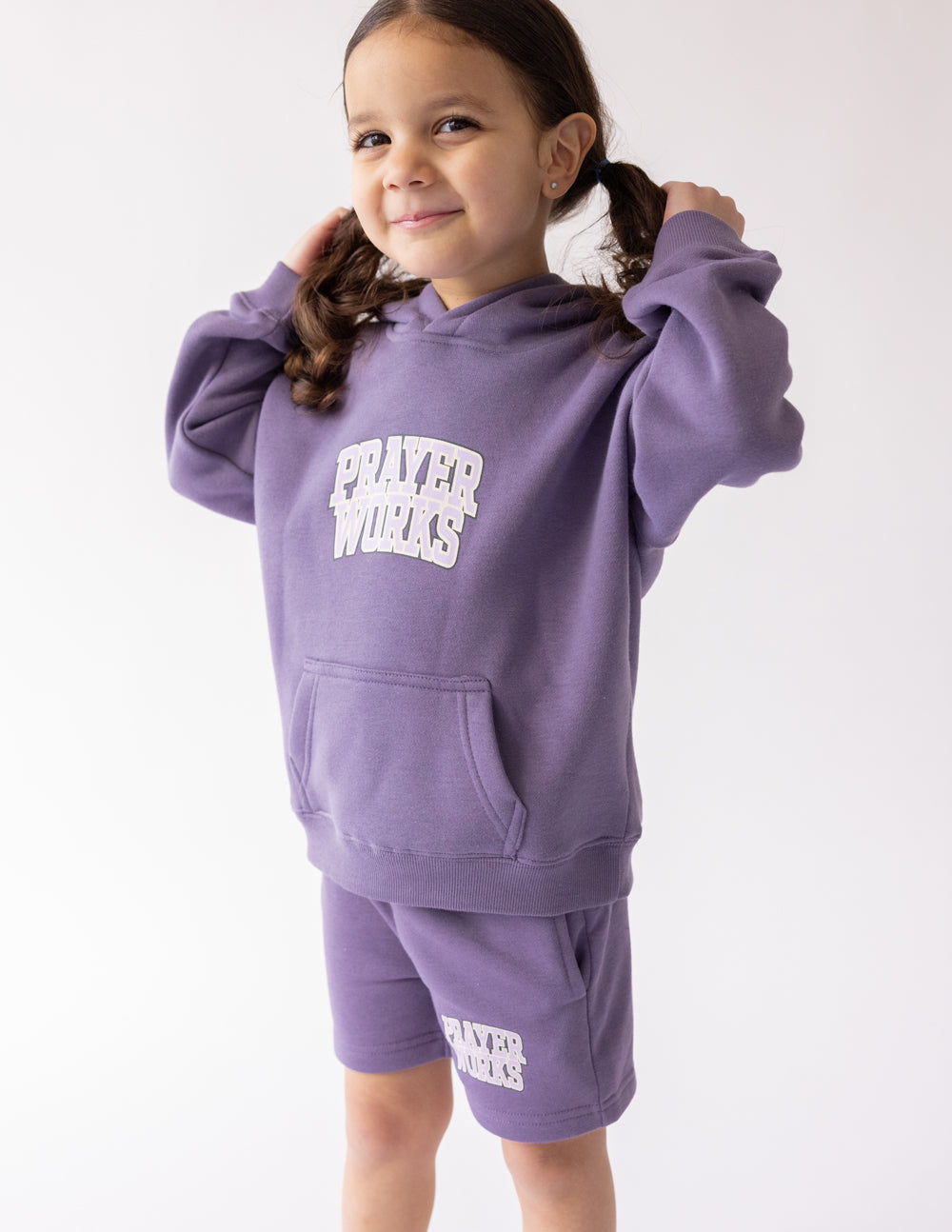 Purple kids hoodie with hood and Prayer Works front graphic