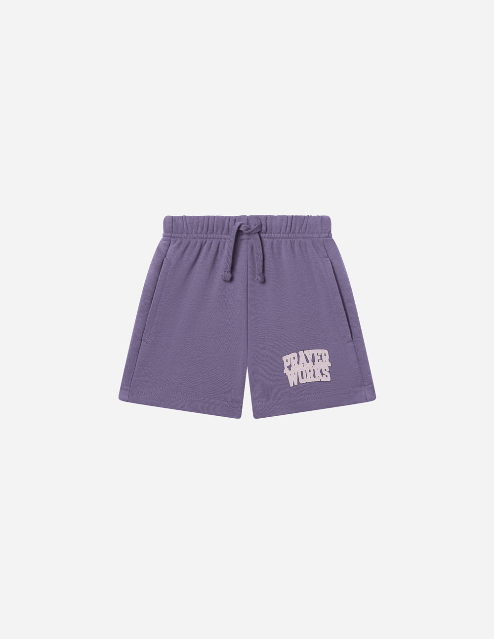 Kids purple drawstring short with PRAYER WORKS logo on left leg