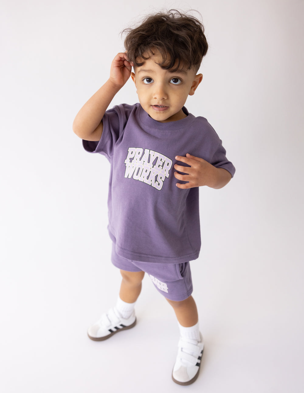 Kids purple T-shirt with 'PRAYER WORKS' chest print, crew neck