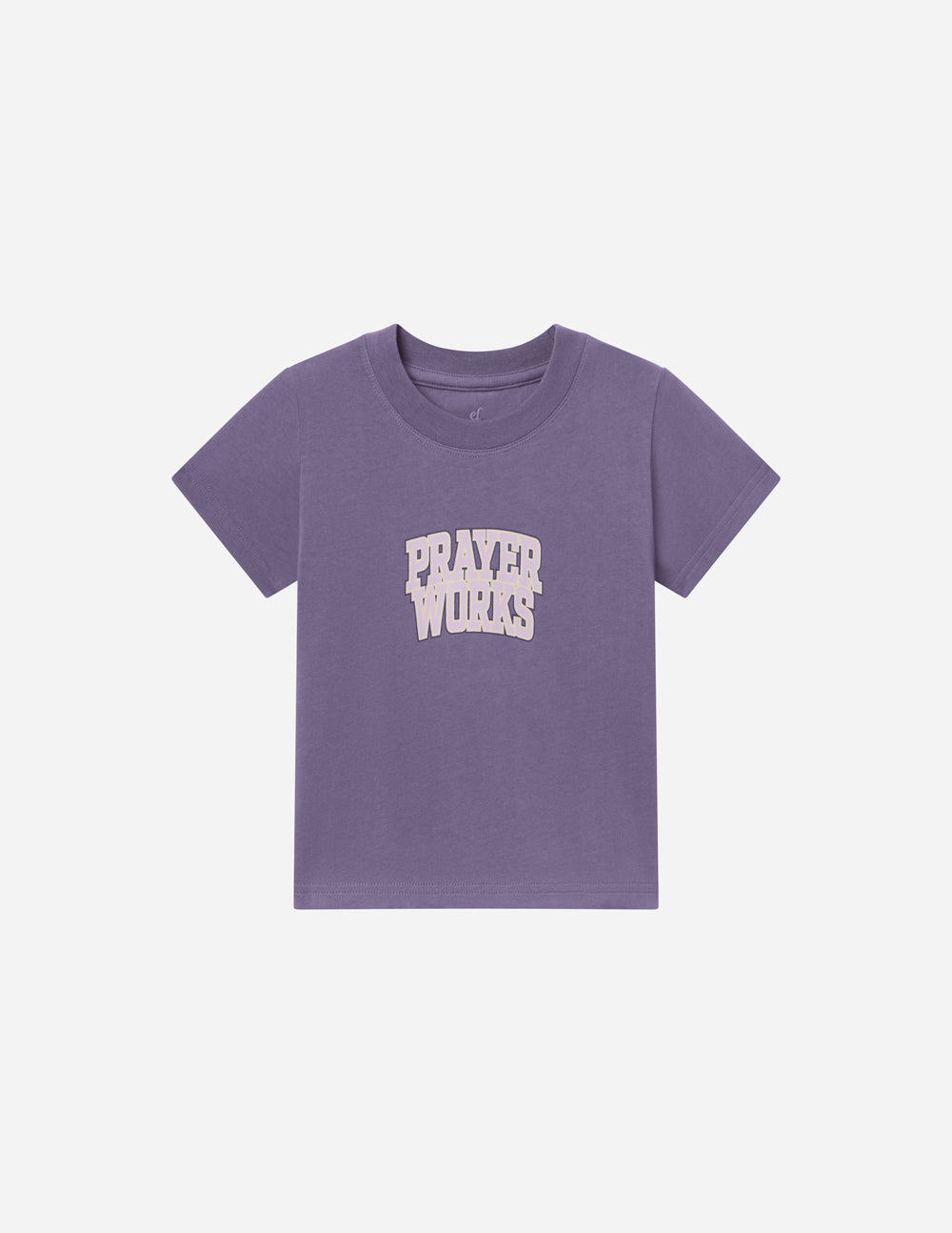 Kids purple T-shirt with 'PRAYER WORKS' graphic on chest